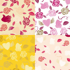 Four Vectorial valentine seamless pattern of flowers with birds and hearts
