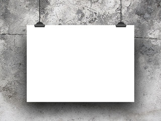 Close-up of one hanged horizontal paper sheet frame with black clips on stained concrete wall...