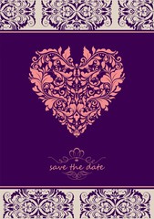 Vintage violet invitation with ornate floral heart shape