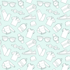 Seamless patterns of male clothes, shoes and accessories for online store in hipster style. Men's wear backgrounds for shops. Thin lines.  Vector stock clipart.