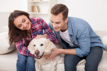 Portrait of cheerful friendly family with pretty big pet