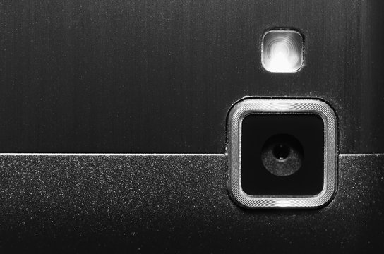 Web Camera And Flash Your Mobile Phone. Close Up View Fragment Metal Back Cover Device. Instagram Camera. Black And White Toning.