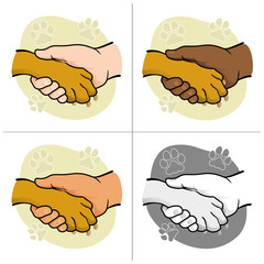Illustration human hand holding a paw, ethnicities