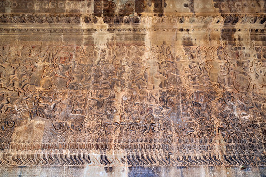 Ancient Khmer bas-relief at Angkor Wat temple, Cambodia