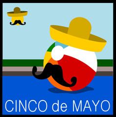 Cinco de Mayo (5th of May) holiday graphic design with sombrero and beach ball in pool