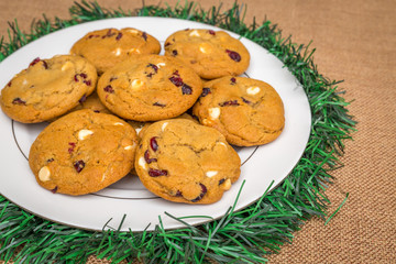 Freshly baked white chocolate and cranberry cookies.