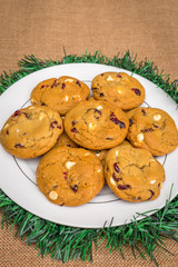 Freshly baked white chocolate and cranberry cookies.
