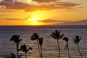 Sunset over the beach in Wailea on the West Shore of the island of Maui in Hawaii