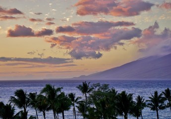 Sunset over the beach in Wailea on the West Shore of the island of Maui in Hawaii