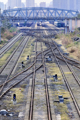 Shunting yard with meandering tracks.
