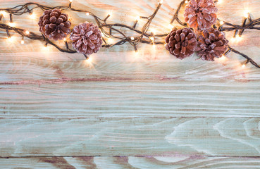 Xmas or new year composition with holiday decoration -on wooden
