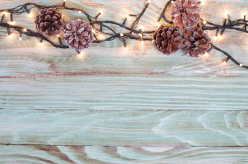 Xmas or new year composition with holiday decoration -on wooden