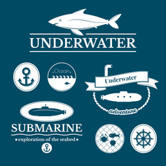 Set of labels with underwater illustrations