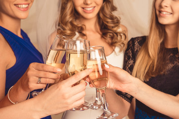 Closeup photo of cheerful girls celebrating a bachelorette party