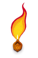 Creative design of burning diwali diya made of handmade soil colors isolated on white background. © Prashant ZI