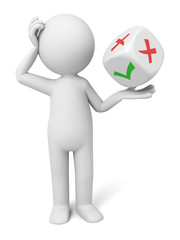 3D guy and a dice which the yes or no word on it