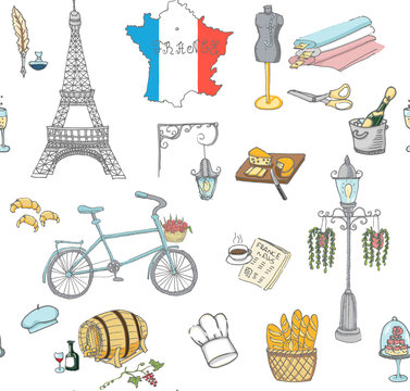 Seamless background set of hand drawn French icons, Paris sketch illustration, doodle elements Isolated national elements Vector Travel to France icons for cards and web pages Paris symbols collection
