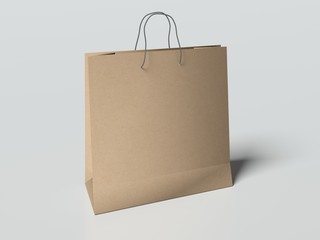 Paper bag with handles on the light gray background. mock up. 3d render