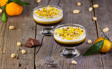 multi-colored jelly with tangerines, chocolate and pistachios