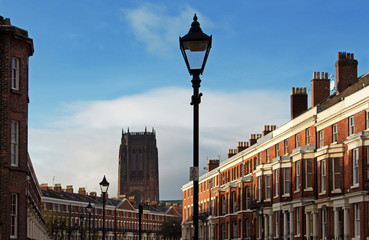 Georgian houses in Liverpool UK, with Liverpool Cathedral in the - 98486114