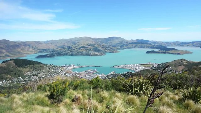 Aerial landscape view of Lyttelton inner harbour and township near Christchurch, New Zealand.