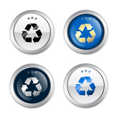 Recycling seals or icons with recycle symbol. Glossy silver seals or buttons with stars.