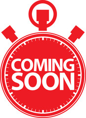 Coming soon stopwatch red icon, vector illustration