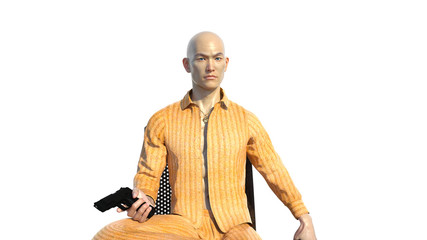 One older asian man in a suit. Light source: the sun. The background is white