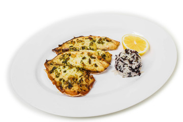 Delicious fish fillets with rice.
