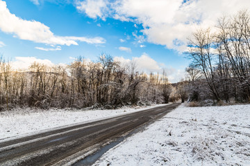 snowy road in the italian countryside