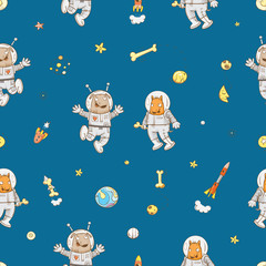 Naklejka premium Space vector seamless pattern with cartoon dogs astronauts, rockets, stars and planets on blue background.