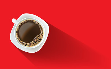 Black coffee with foam and bubbles. White cup and a plate. Overhead point of view, overhead perspective, view from above. Menu, cover, flyer, banner illustration template with copy space.