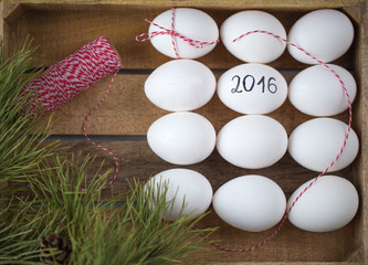 chicken eggs. Christmas concept background for Christmas cards. selective Focus
