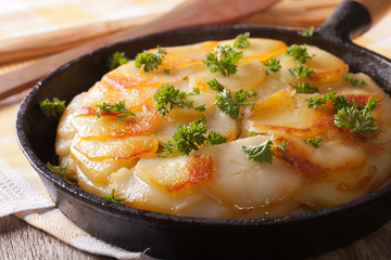 Delicious potato gratin in a pan close-up. horizontal
