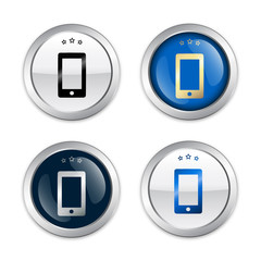 Communication seals or icons with smartphone symbol. Glossy silver seals or buttons.
