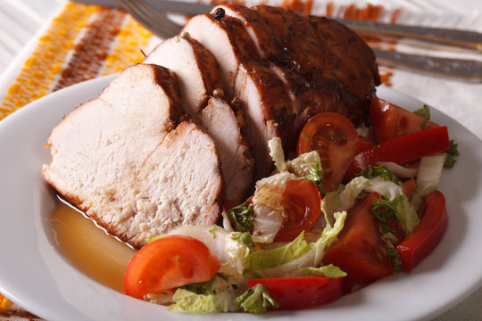 Roasted Turkey Breast And Fresh Vegetables Closeup. Horizontal
