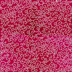 Seamless pattern of white spirals on red watercolor background. Stylized oriental style.