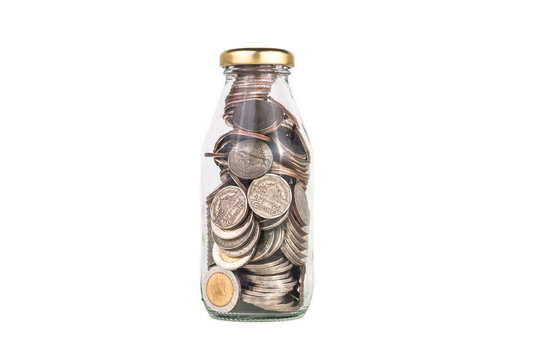 saving thailand coins in close bottle white background
