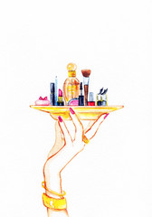 Decorative cosmetics and perfume. Watercolor illustration