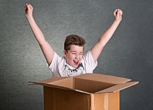 Boy With A Big Cardboard Box Is Happy