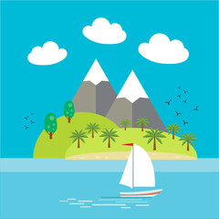 Fototapeta na wymiar Catoon ladscape illustration. Green tropical island surrpunded by water. Palm trees, beach, mountains. Sail boat or yacht in front. 