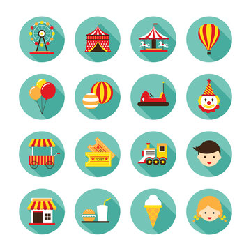 Amusement Park Flat Icons Set, Theme Park, Carnival, Fun Fair, Circus