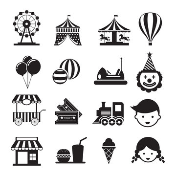 Amusement Park Mono Icons Set, Theme Park, Carnival, Fun Fair, Circus