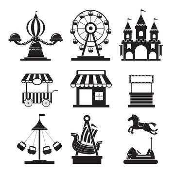 Amusement Park Objects Icons Mono Set, Theme Park, Carnival, Fun Fair, Circus
