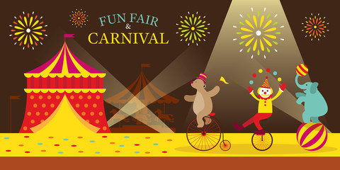 Circus Tent with Clown Show, Amusement Park, Carnival, Fun Fair, Theme Park, Night Scene