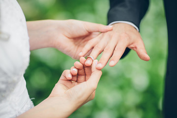 bride putting a ring on the finger of the groom