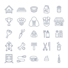 Flat thin line dog care vector web icons, isolated on white. Simple linear conceptual symbols of nutrition, grooming and accessories of dogs. Pets infographics design elements