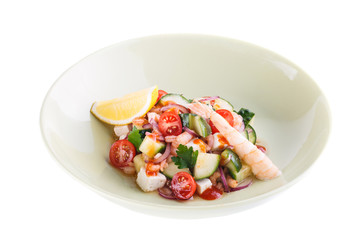 Salad with shrimp and vegetables. Isolated on white background
