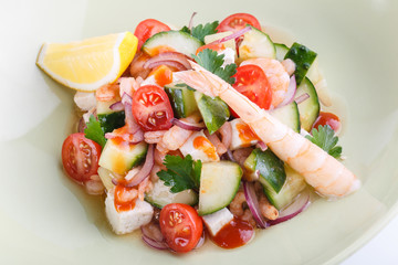 Salad with shrimp and vegetables. Closeup