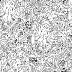 Fototapeta premium Monochrome seamless paisley pattern. Floral background, coloring page